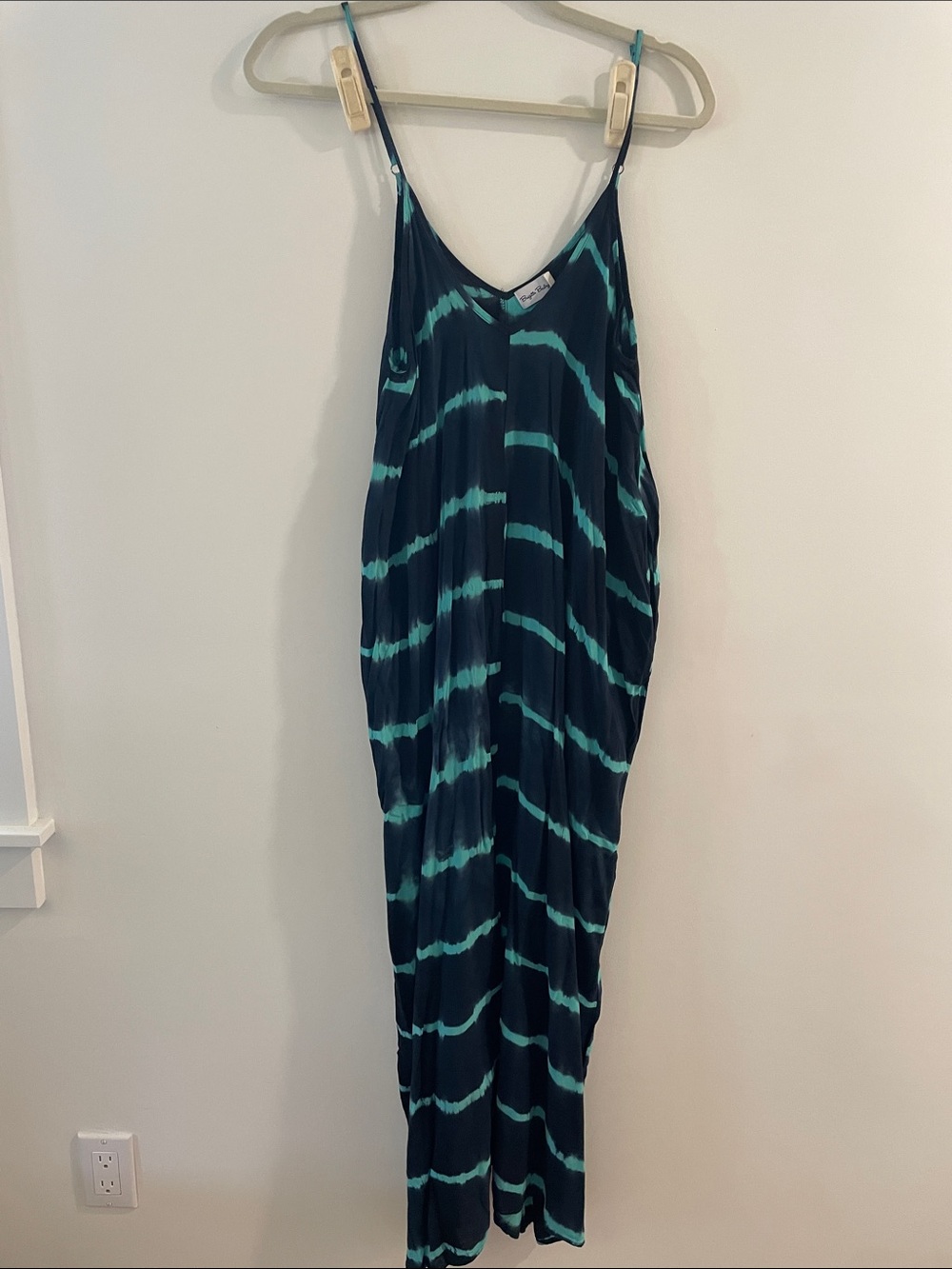 Sleeveless Maxi Slip Dress in Navy and Teal Tie-Dye